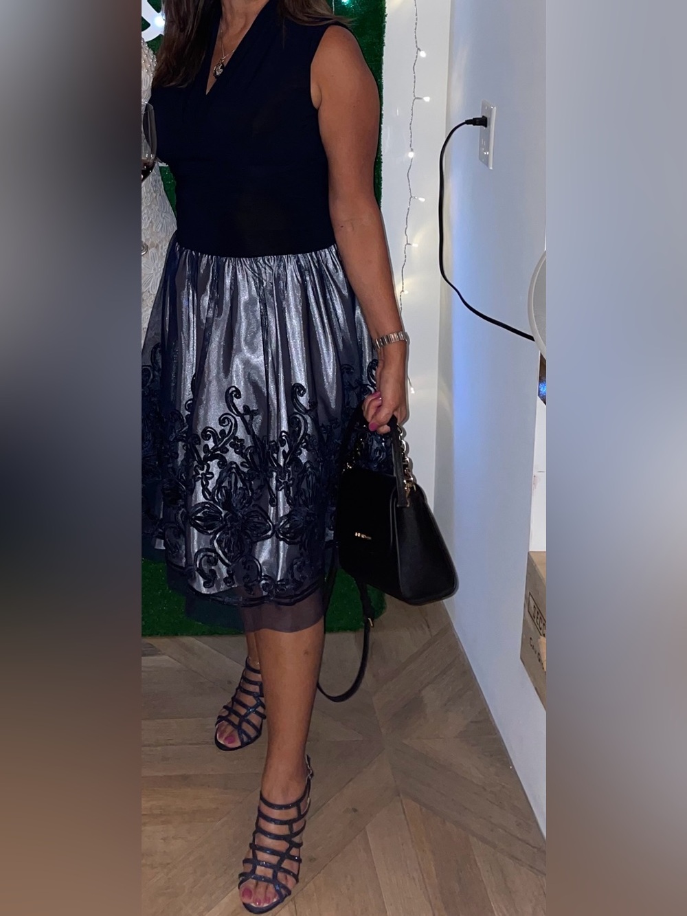 SLNY Navy Embroidered Circle Skirt